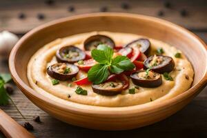 Hummus mit Aubergine und Kräuter im ein Schüssel auf ein hölzern Tisch. KI-generiert foto