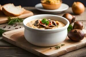 Pilz Suppe im ein Schüssel auf ein hölzern Tafel. KI-generiert foto