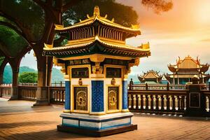 ein golden und Blau Pagode im das Mitte von ein Park. KI-generiert foto