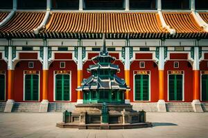 ein Chinesisch Tempel mit ein Brunnen im Vorderseite von Es. KI-generiert foto