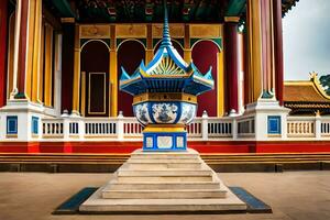 ein groß Blau und Gelb Tempel mit ein Blau und Weiß Statue. KI-generiert foto