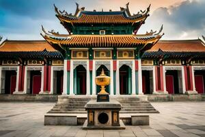 das golden Vase im Vorderseite von ein Chinesisch Tempel. KI-generiert foto