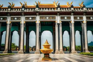 das golden Pagode im Vorderseite von das Tempel. KI-generiert foto