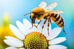 ein Biene ist Stehen auf ein Blume mit ein Blau Hintergrund. KI-generiert foto