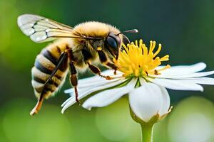 Biene auf Weiß Blume mit verschwommen Hintergrund. KI-generiert foto