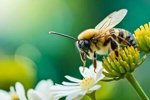 ein Biene ist Sitzung auf oben von ein Blume. KI-generiert foto