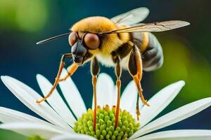 ein Biene ist Stehen auf oben von ein Weiß Blume. KI-generiert foto