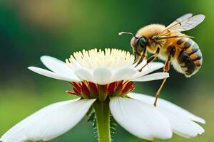 ein Biene ist auf ein Weiß Blume mit ein Grün Hintergrund. KI-generiert foto