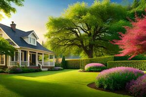 ein schön Haus mit ein üppig Grün Rasen und Bäume. KI-generiert foto