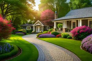 ein schön Garten mit bunt Blumen und Bäume. KI-generiert foto