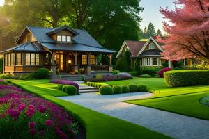 ein schön Garten mit ein Haus und Bäume. KI-generiert foto