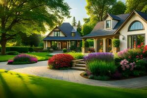 ein schön Zuhause mit ein Garten und Blumen. KI-generiert foto