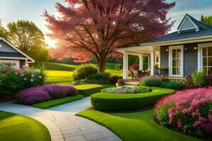 ein schön Garten mit Blumen und Bäume. KI-generiert foto