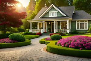 ein schön Haus mit ein Garten und Blumen. KI-generiert foto