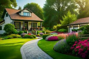 ein schön Garten mit Blumen und Bäume. KI-generiert foto