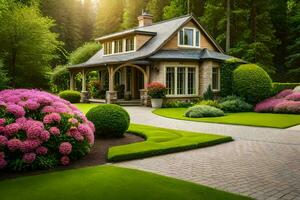 schön Garten mit Haus und Blumen im das Wald. KI-generiert foto