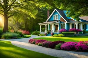 ein schön Blau Haus mit Blumen und Bäume. KI-generiert foto