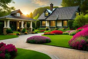 schön Landschaft mit ein Haus und Blumen. KI-generiert foto