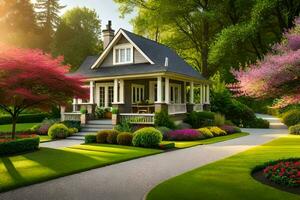ein schön Haus im das Mitte von ein üppig Grün Rasen. KI-generiert foto
