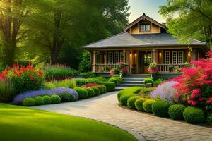 schön Garten mit Haus und Blumen. KI-generiert foto