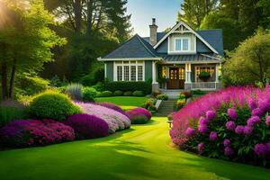 ein schön Haus umgeben durch üppig Grün Gras und Blumen. KI-generiert foto