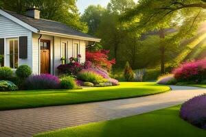 ein Haus mit ein Auffahrt und Blumen im das Hof. KI-generiert foto