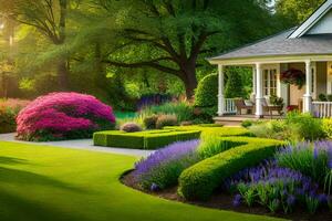 ein schön Garten mit ein Haus und Blumen. KI-generiert foto