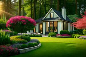 ein schön Garten mit ein Haus und Blumen. KI-generiert foto