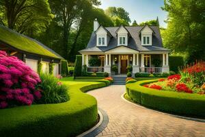 schön Haus mit Garten und Blumen im das Sommer. KI-generiert foto