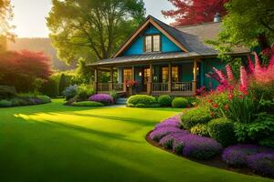 ein schön Blau Haus mit ein üppig Grün Rasen. KI-generiert foto