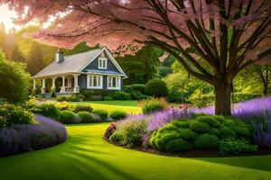 ein Haus mit ein schön Garten und Bäume. KI-generiert foto