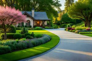 ein schön Garten mit ein Auffahrt führen zu ein Haus. KI-generiert foto