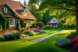 ein schön Garten mit ein Haus und Rasen. KI-generiert foto