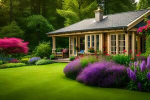 ein klein Haus umgeben durch Blumen und Bäume. KI-generiert foto