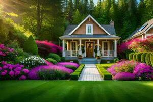 schön Garten mit Blumen und Bäume. KI-generiert foto