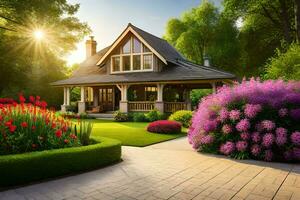 schön Garten mit Haus und Blumen im das Sonne. KI-generiert foto