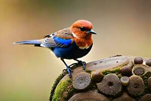 ein bunt Vogel Sitzung auf oben von ein Stumpf. KI-generiert foto