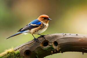 ein Blau und Orange Vogel ist Sitzung auf ein Ast. KI-generiert foto