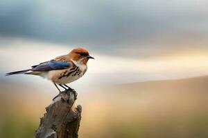 ein klein Vogel ist Sitzung auf ein Stumpf. KI-generiert foto