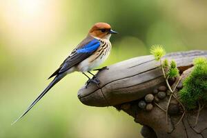 ein Blau und Weiß Vogel Sitzung auf ein hölzern Stumpf. KI-generiert foto