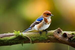 ein Blau und Weiß Vogel ist Sitzung auf ein Ast. KI-generiert foto