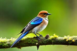 ein Blau und Weiß Vogel ist Sitzung auf ein Ast. KI-generiert foto