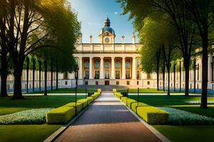 ein schön Hof mit Bäume und ein Gebäude. KI-generiert foto