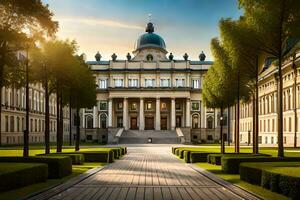 ein schön Gebäude mit Bäume und Gras. KI-generiert foto