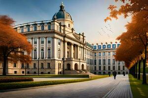 ein groß Gebäude mit ein Uhr Turm und ein Uhr. KI-generiert foto