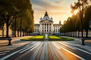 das Sonne ist Rahmen Über ein groß Gebäude im das Mitte von ein Stadt. KI-generiert foto