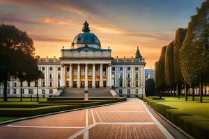 das Gebäude von das Parlament von Slowenien beim Sonnenuntergang. KI-generiert foto