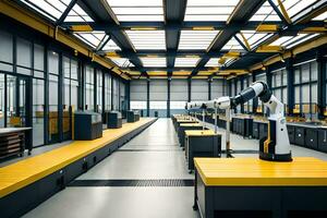 ein groß industriell Raum mit Gelb und schwarz Tische. KI-generiert foto