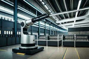 ein Roboter im ein Fabrik mit viele Maschinen. KI-generiert foto