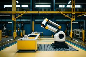 ein Roboter Arm im ein Fabrik mit Gelb und schwarz Wände. KI-generiert foto